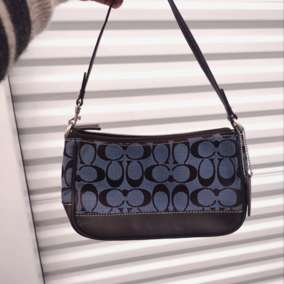 COACH Signature Demi Shoulder Bag in Blue and Chocolate Brown. - Picture 1 of 10